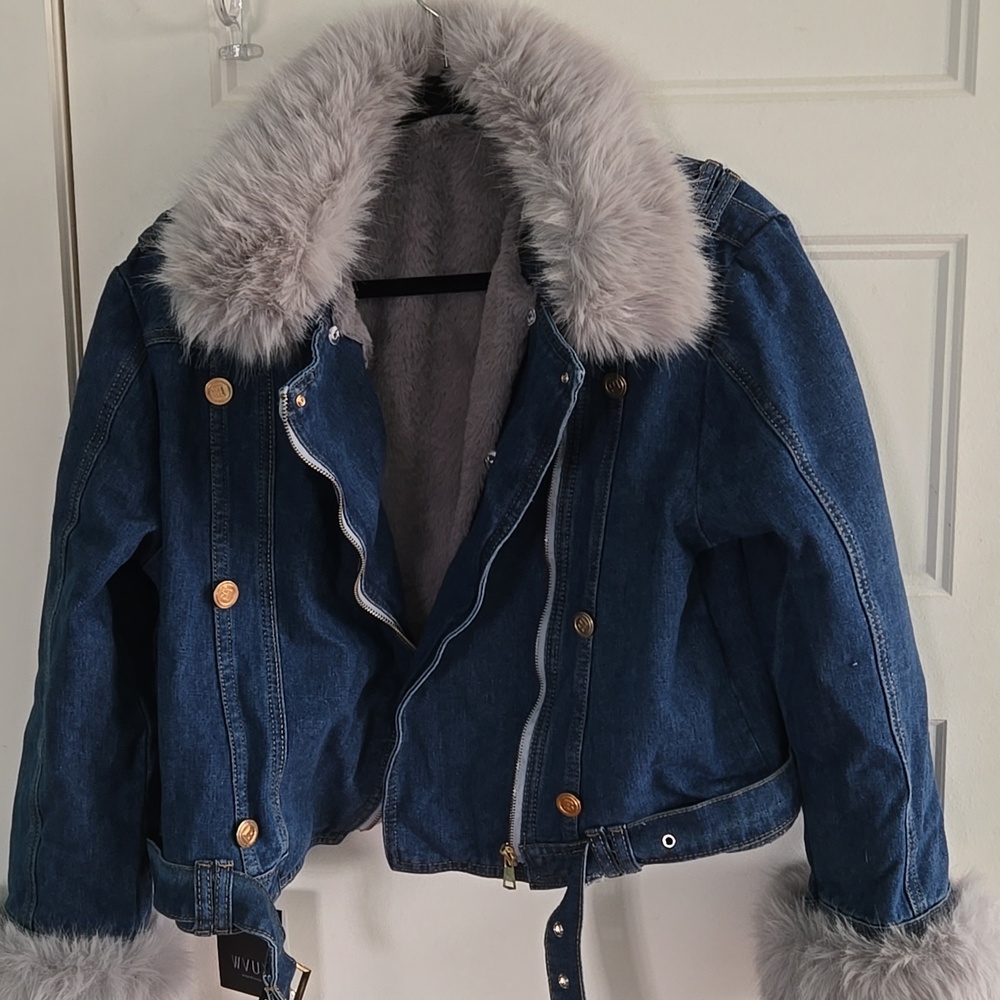 Denim Jacket W Removable Fur Neck, Fur Cuffs, Removable Liner, Crop, New W Tags